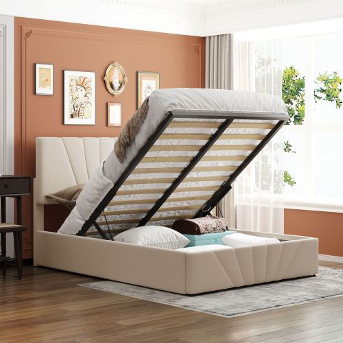 Full size Upholstered Platform bed with a Hydraulic Storage System - Beige Full size Upholstered Platform bed with a Hydraulic Storage System - Beige