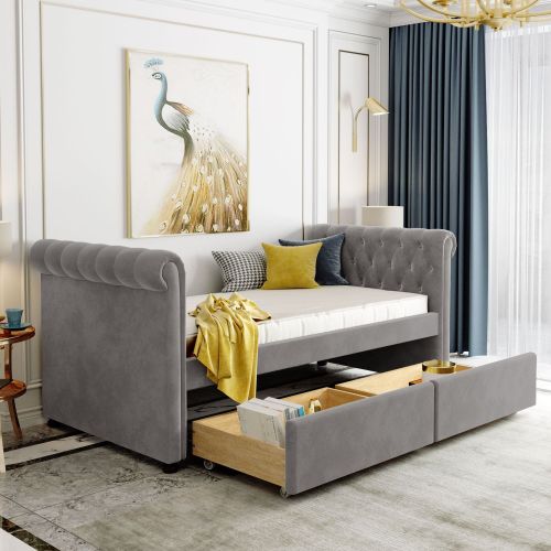 Twin Size Upholstered daybed with Drawers, Wood Slat Support, Gray(OLD SKU :LP000117AAE) Twin Size Upholstered daybed with Drawers, Wood Slat Support, Gray(OLD SKU :LP000117AAE)